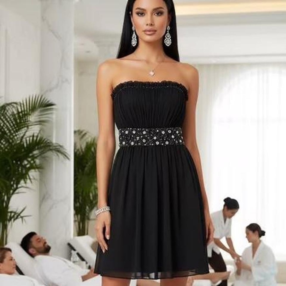 JS Boutique Elegant Black Strapless Dress with Beaded Embellished Waist 6